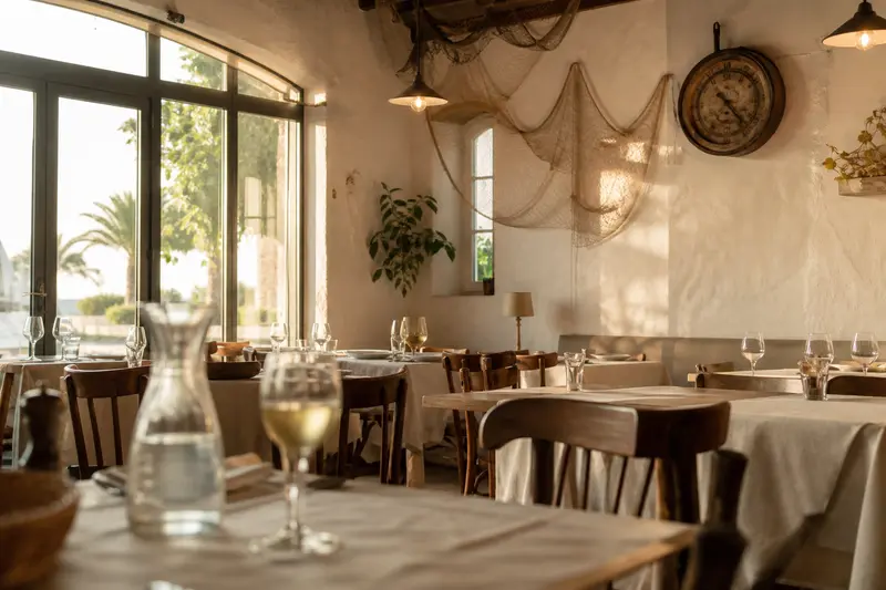 Salle du restaurant en fin d'après-midi : tables en bois nappées de lin, chaises de bistrot, lumière dorée entrant par la baie vitrée.